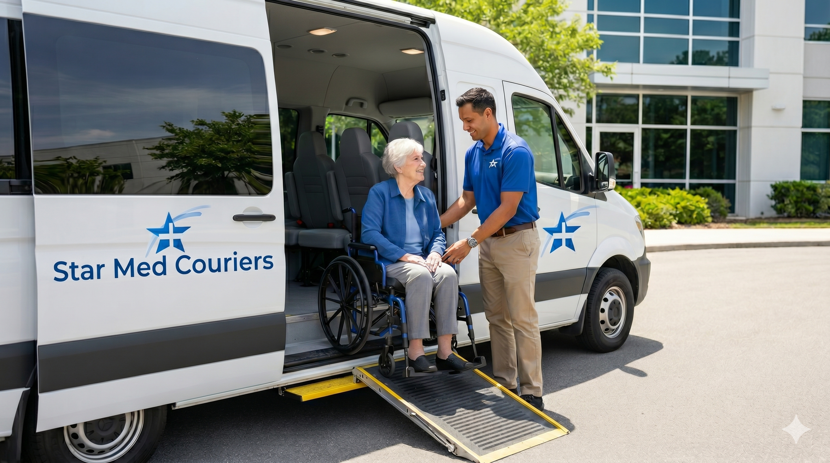 Star Med Couriers passenger in a wheelchair with driver assistance at a wheelchair-accessible van